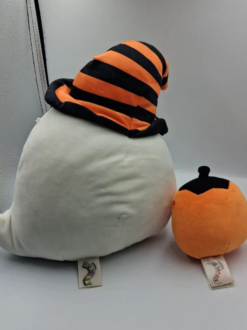 Halloween BOO! Squishmallow Ghost w/Black & Orange Witch Hat 10